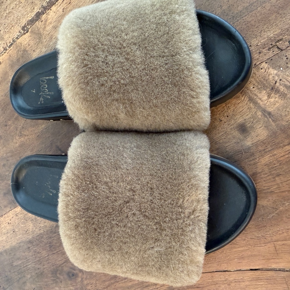 beek Plush Faux Fur Slide Sandals in Taupe and Black